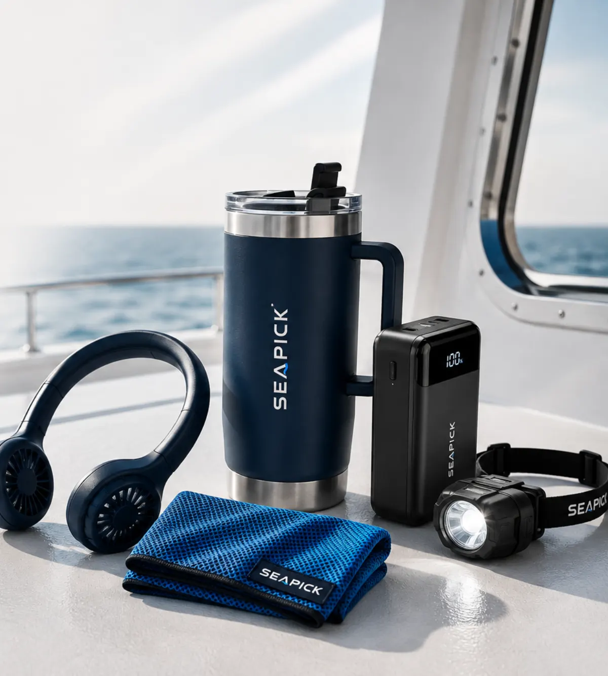 갑판 위에 놓인 SeaPICK 선원 용품 — 텀블러, 헤드폰, 보조배터리, 쿨타월, 헤드랜턴
